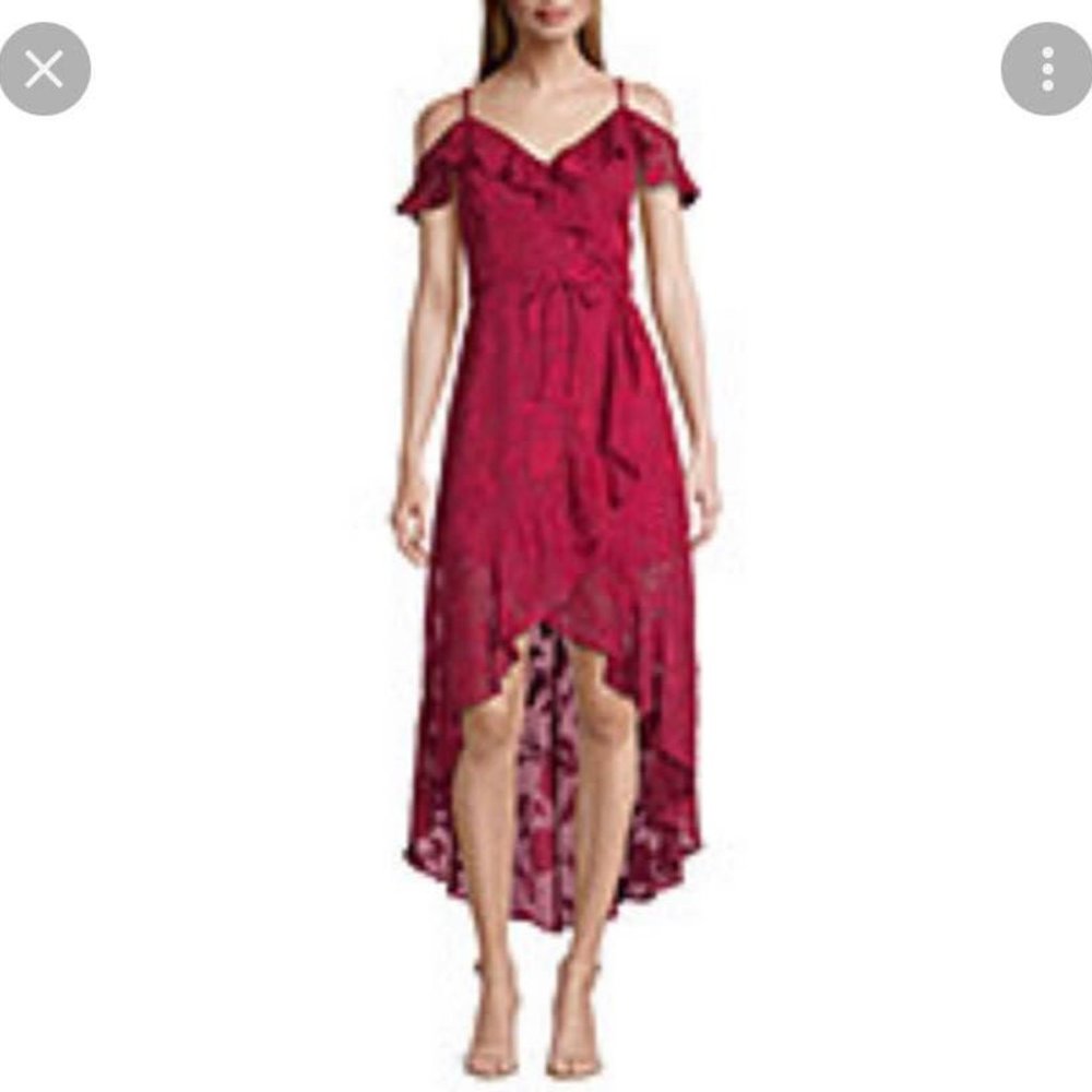 Red cold shoulder hi low dress